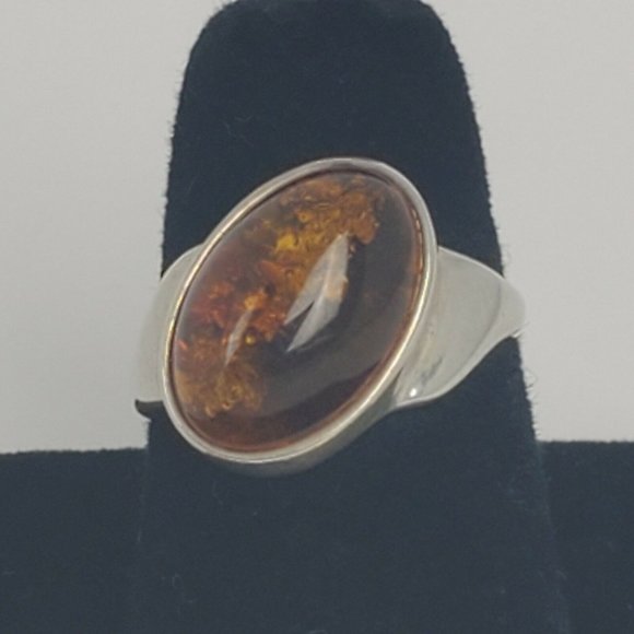 Vtg Sterling Silver SOLD Cognac Honey Amber Ring - Picture 2 of 11
